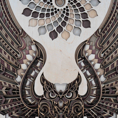 Eulen-Mandala Wandbild aus Holz – 3D Design aus Birke Multiplex (36×29 cm)