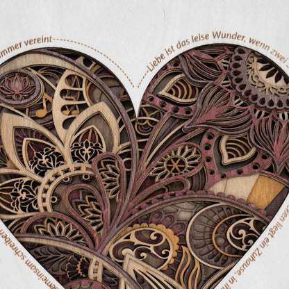 Herz-Mandala Wandbild mit Spruch – 3D Holzbild aus Birke (10 Lagen) 29×29 cm