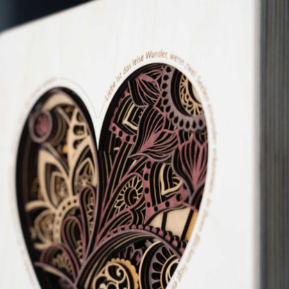 Herz-Mandala Wandbild mit Spruch – 3D Holzbild aus Birke (10 Lagen) 29×29 cm