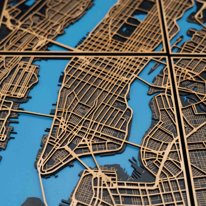 New York City Holz-Stadtplan – 4-teiliges 3D Wandbild (Gesamtgröße 58 × 82 cm)
