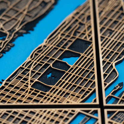 New York City Holz-Stadtplan – 4-teiliges 3D Wandbild (Gesamtgröße 58 × 82 cm)