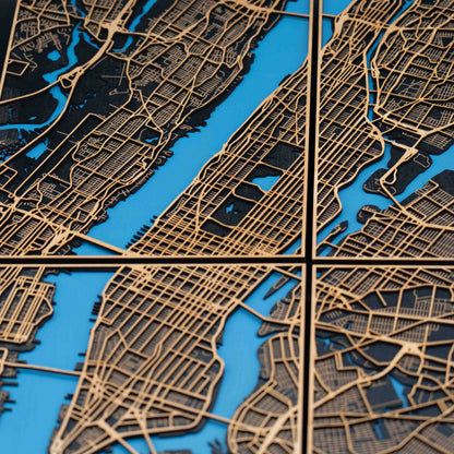 New York City Holz-Stadtplan – 4-teiliges 3D Wandbild (Gesamtgröße 58 × 82 cm)