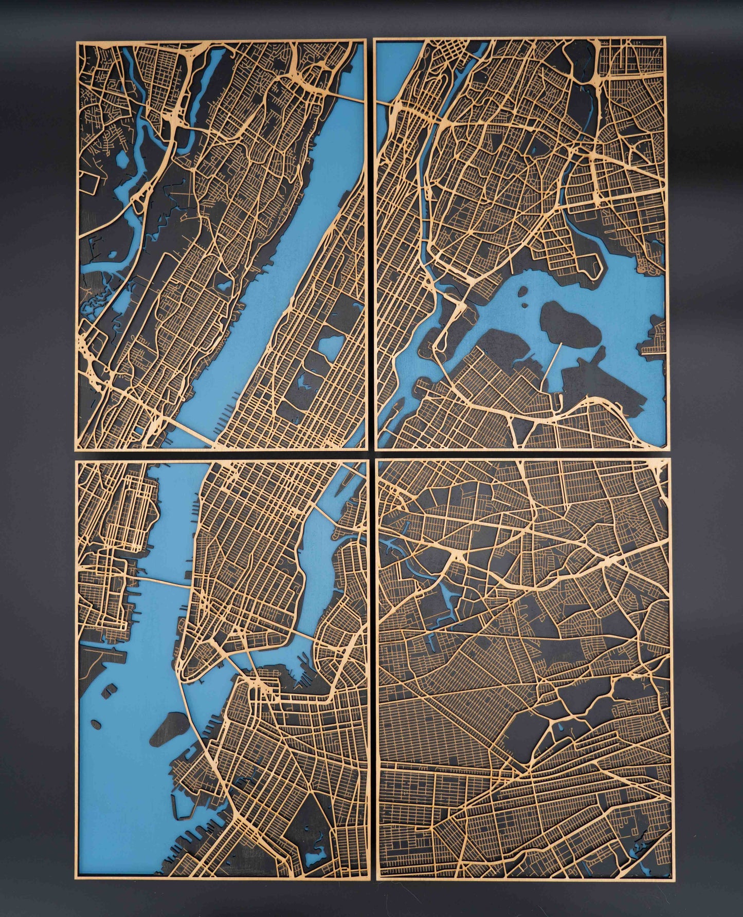 New York City Holz-Stadtplan – 4-teiliges 3D Wandbild (Gesamtgröße 58 × 82 cm)