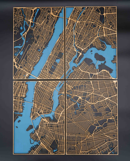 New York City Holz-Stadtplan – 4-teiliges 3D Wandbild (Gesamtgröße 58 × 82 cm)
