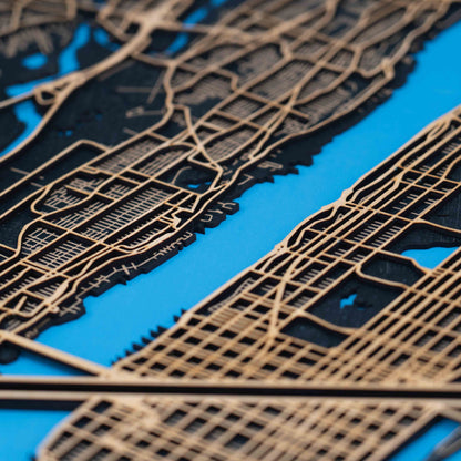 New York City Holz-Stadtplan – 4-teiliges 3D Wandbild (Gesamtgröße 58 × 82 cm)