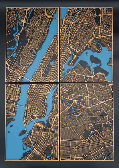 New York City Holz-Stadtplan – 4-teiliges 3D Wandbild (Gesamtgröße 58 × 82 cm)