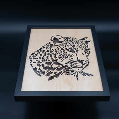 Leopard 3D Wandbild aus Holz – Birke & Nussbaum mit Schatteneffekt (32×42 cm)