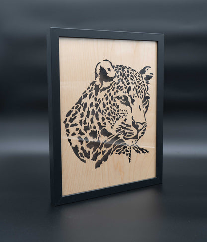 Leopard 3D Wandbild aus Holz – Birke & Nussbaum mit Schatteneffekt (32×42 cm)