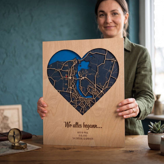 Stadtplan aus Holz "Wo alles begann" 30x40 cm Herz | Hochzeitstag Geschenk
