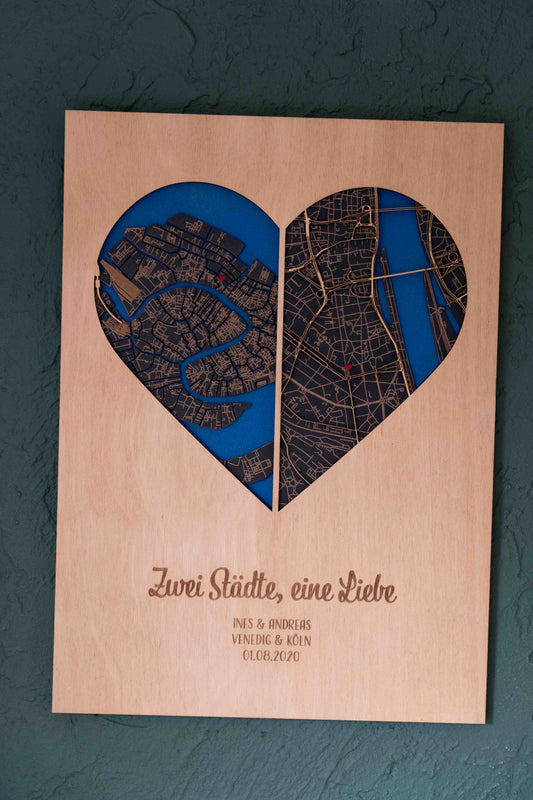 Zwei Städte, eine Liebe – Stadtplan aus Holz – 30x40 cm Herz – Hochzeitstag Geschenk